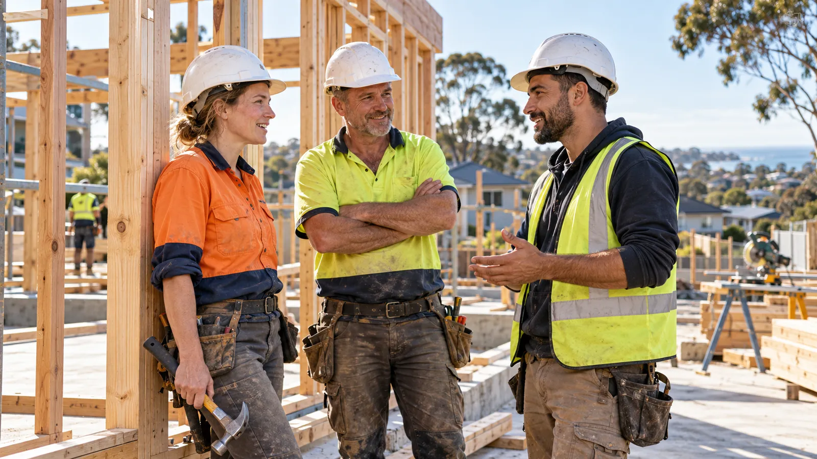 Eine Handwerkerin und zwei Kollegen mit Schutzhelmen besprechen sich vor einem Holzrahmen auf einer Baustelle in Australien.