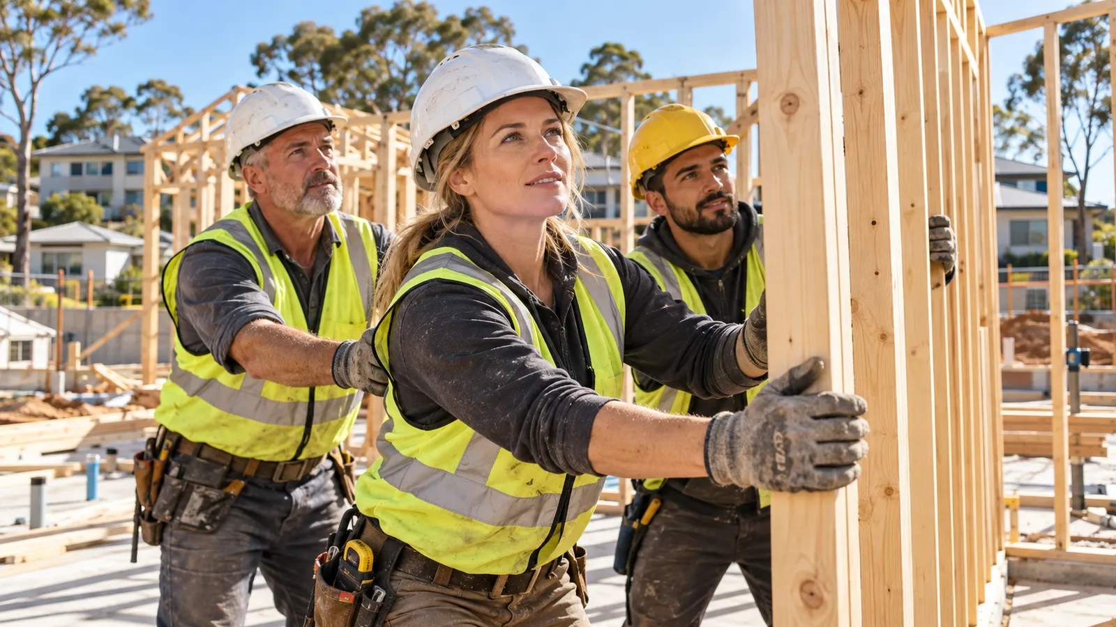 Eine Frau und zwei Männer mit Schutzhelmen richten auf einer australischen Baustelle gemeinsam eine Holzwand auf.