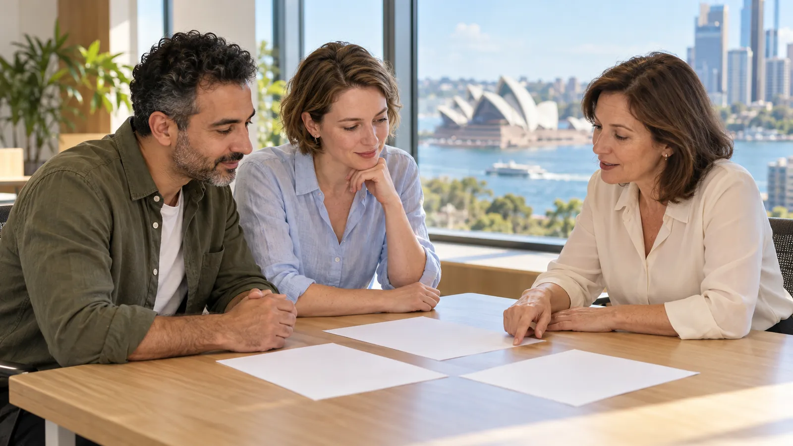 Drei Erwachsene besprechen Unterlagen an einem Holztisch mit Blick auf den Hafen und das Opernhaus von Sydney.