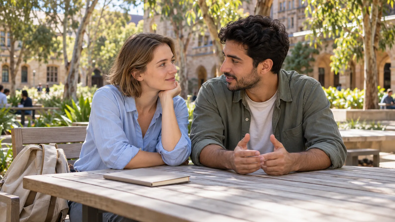 Eine junge Frau und ein junger Mann unterhalten sich an einem Holztisch im sonnigen Innenhof einer australischen Universität.