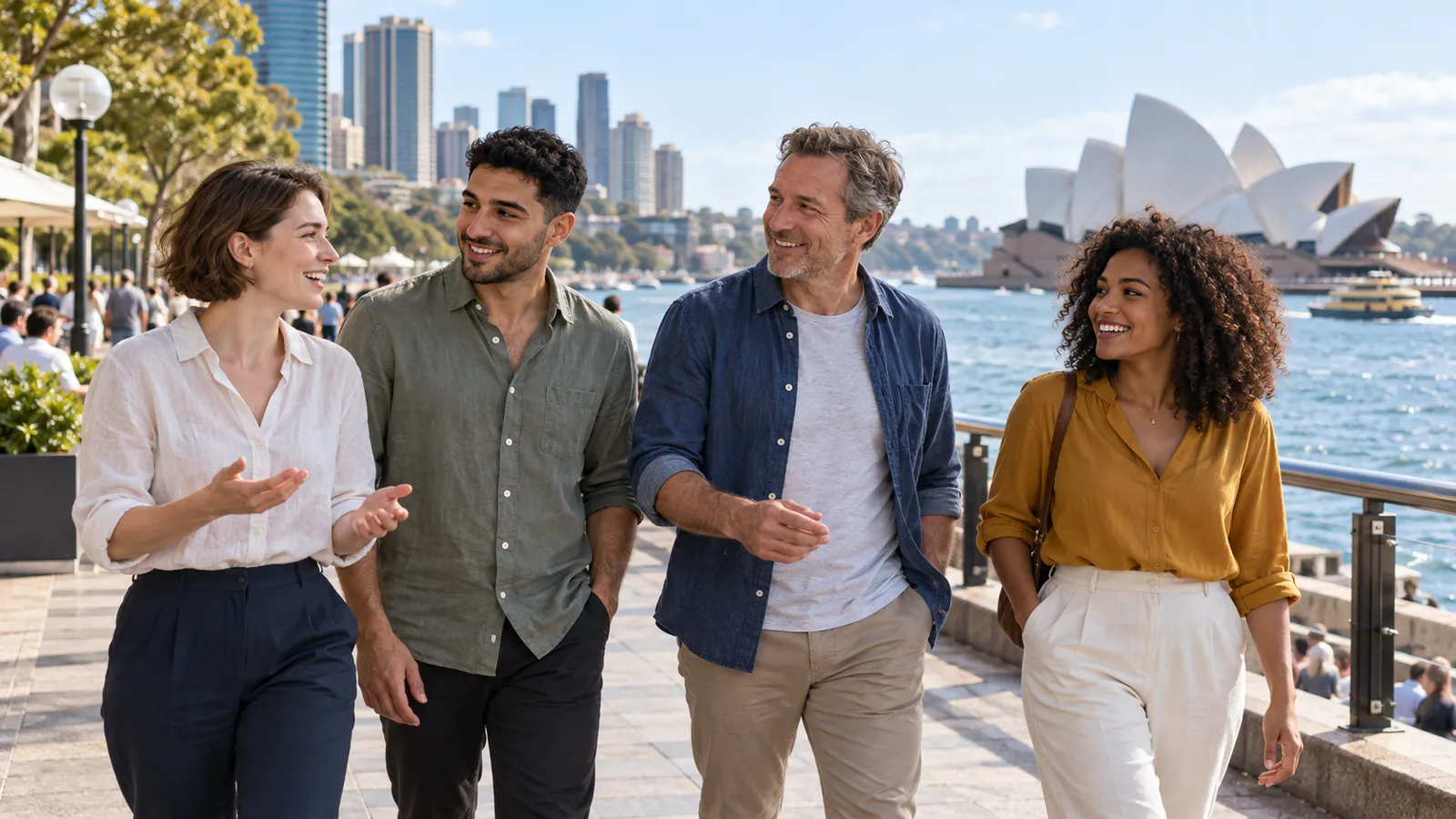Vier Erwachsene spazieren im Sonnenschein am Hafen von Sydney und unterhalten sich, im Hintergrund das Opernhaus.