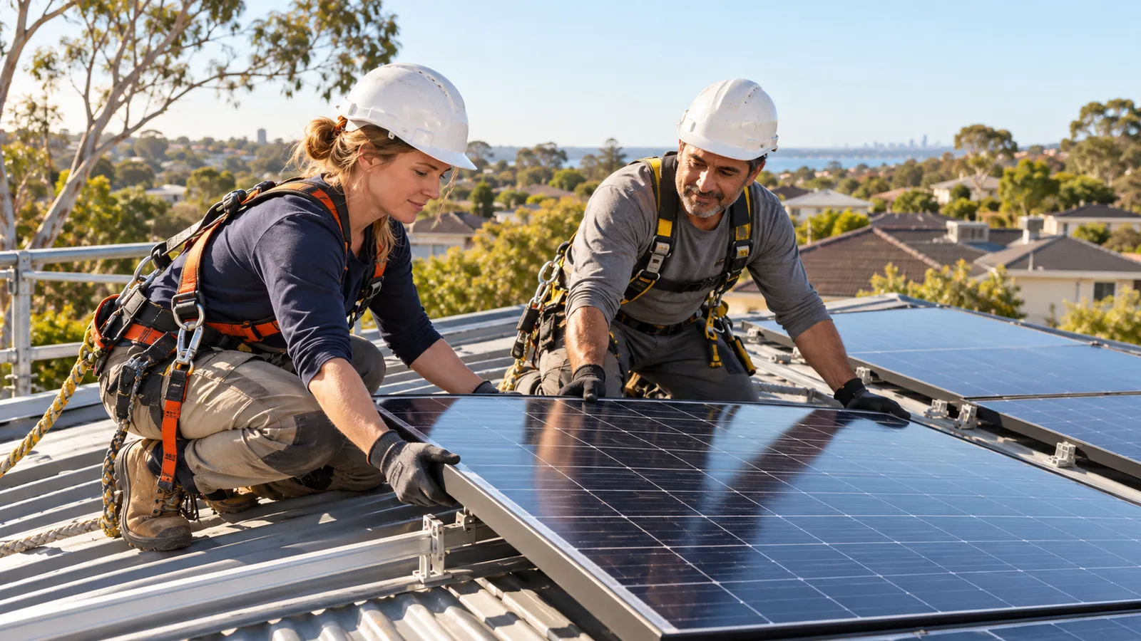 Eine Handwerkerin und ein Handwerker montieren mit Helm und Sicherungsgurt ein Solarmodul auf einem Hausdach in Australien.
