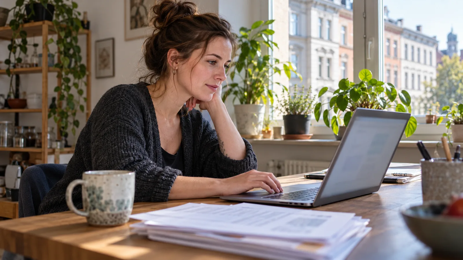 Eine junge Frau überarbeitet am Laptop ihren Lebenslauf, neben Unterlagen und Pflanzen am hellen Fenster.