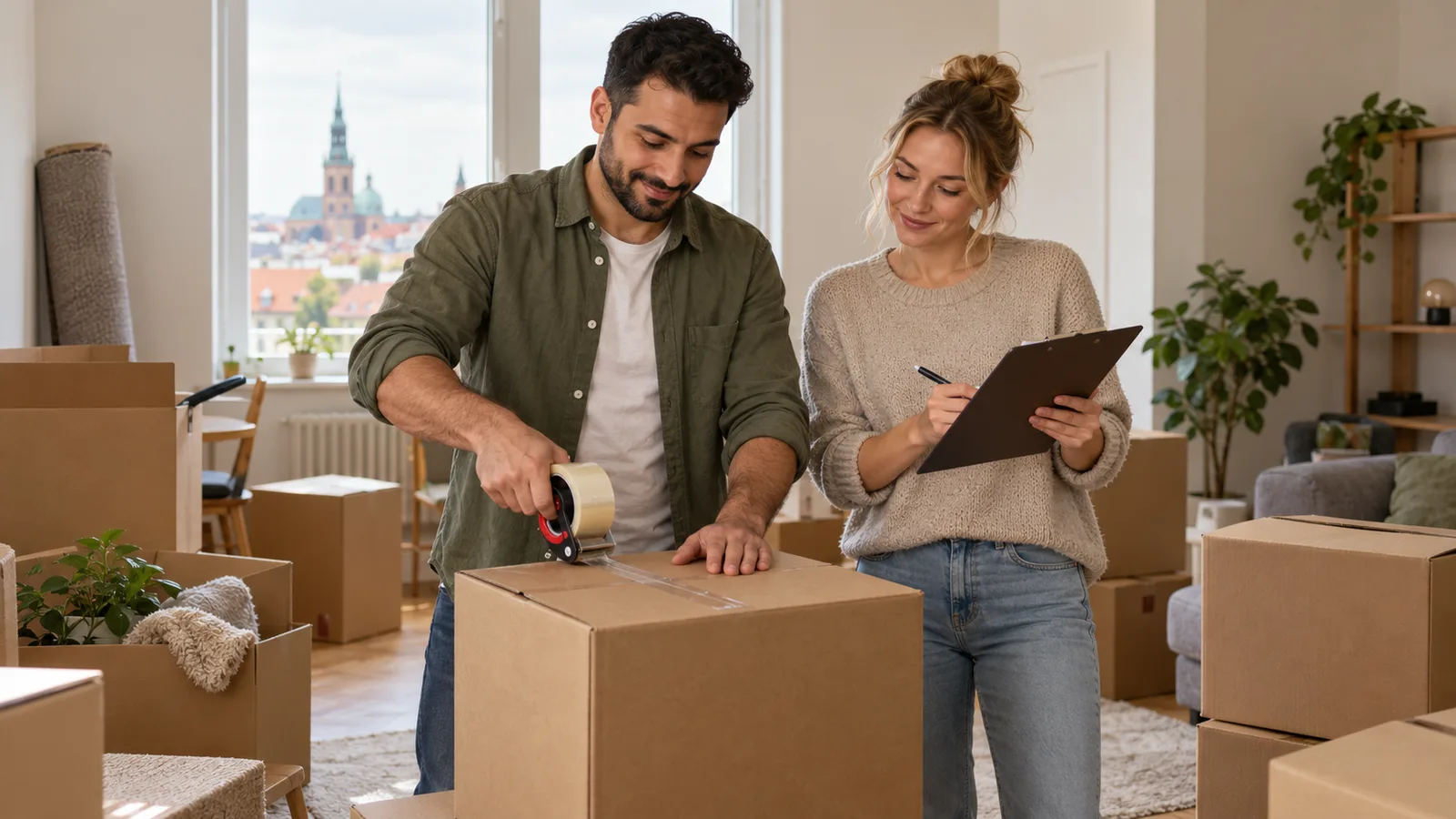 Ein Paar packt Umzugskartons in einer hellen Wohnung und prüft eine Checkliste auf einem Klemmbrett.