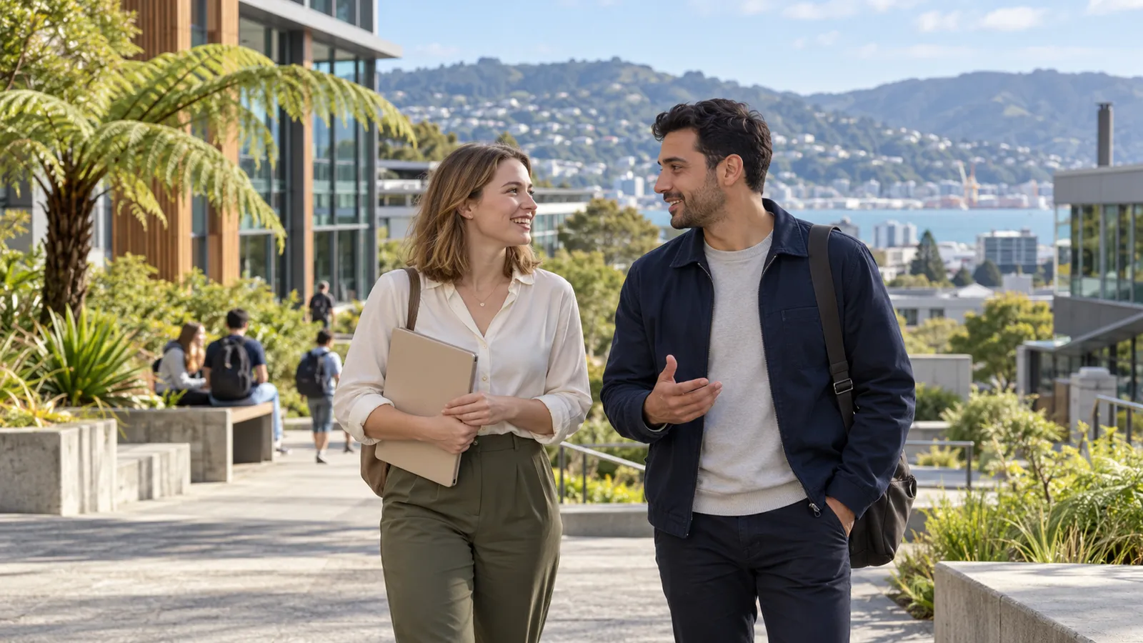 Eine junge Frau und ein junger Mann unterhalten sich auf einem grünen Campus in Wellington mit Blick auf Hafen und Hügel.
