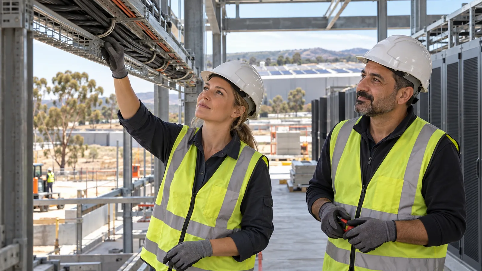 Eine Elektrikerin und ein Elektriker prüfen Kabeltrassen auf der Baustelle eines australischen Rechenzentrums.
