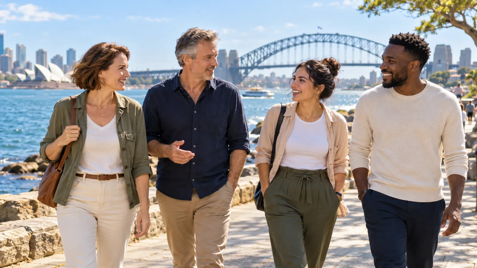 Vier Erwachsene spazieren bei Sonnenschein am Hafen von Sydney, mit Opernhaus und Harbour Bridge im Hintergrund.
