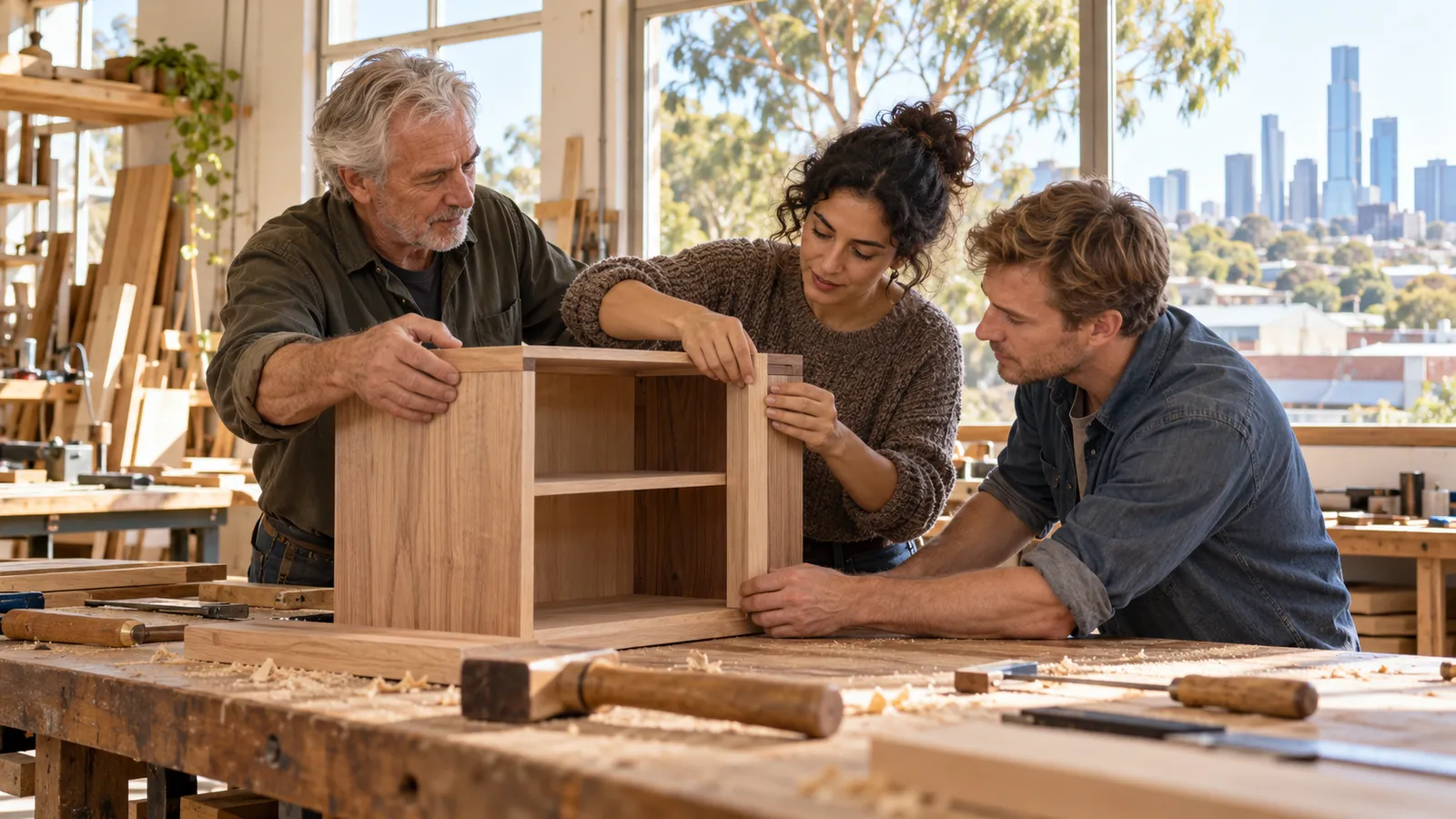 Drei Erwachsene verschiedener Generationen bauen gemeinsam einen Holzschrank in einer hellen Werkstatt mit Blick auf Melbourne.