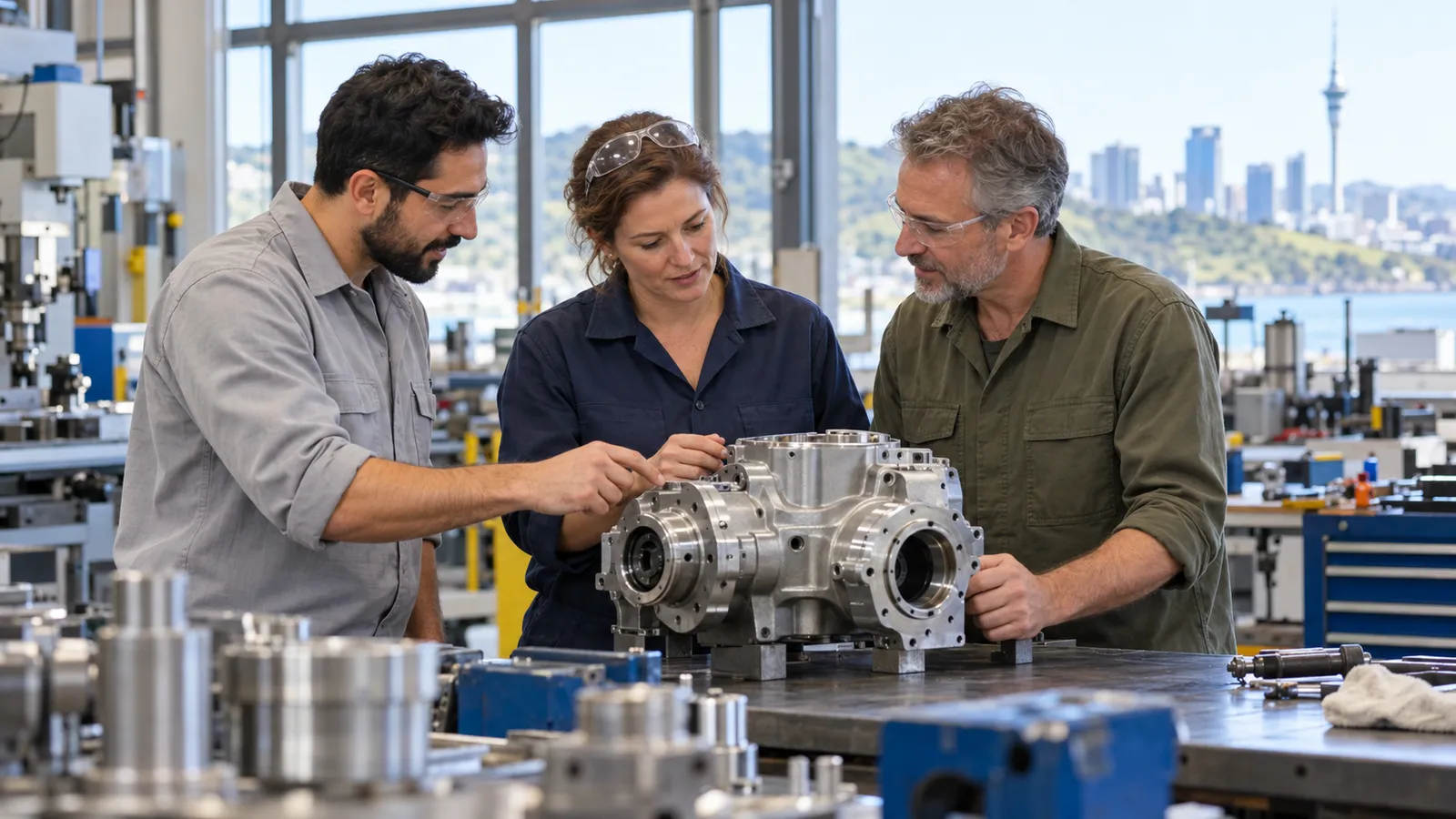 Drei Fachkräfte begutachten ein Metallbauteil in einer hellen Werkstatt mit Blick auf die Skyline von Auckland.