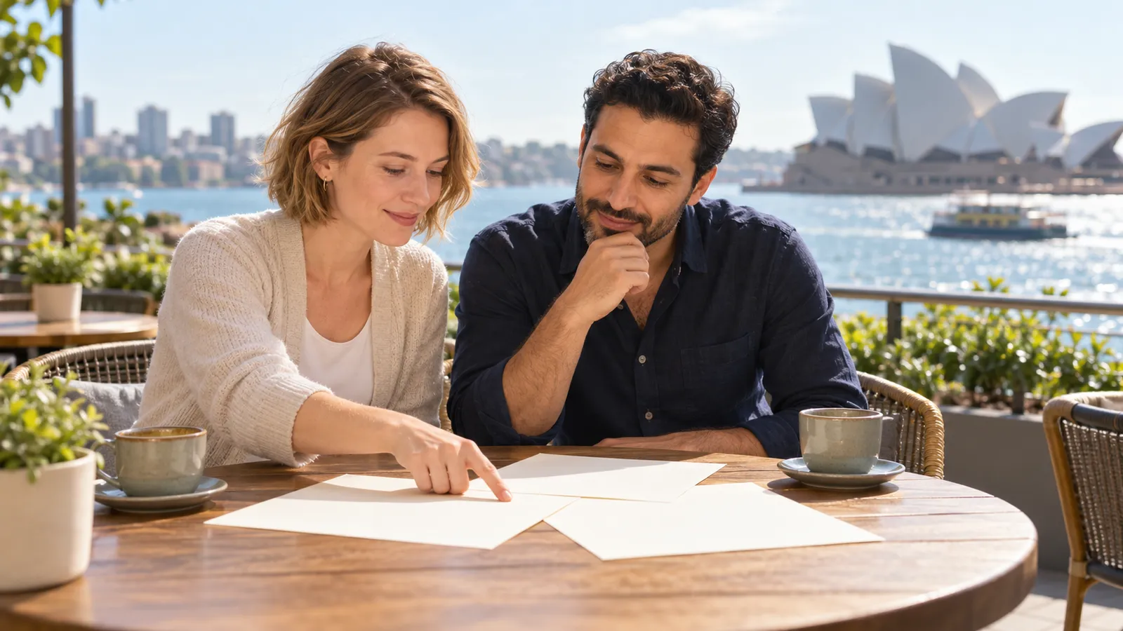 Eine Frau und ein Mann betrachten leere Papierbögen an einem Tisch am Hafen von Sydney, mit dem Opernhaus im Hintergrund.