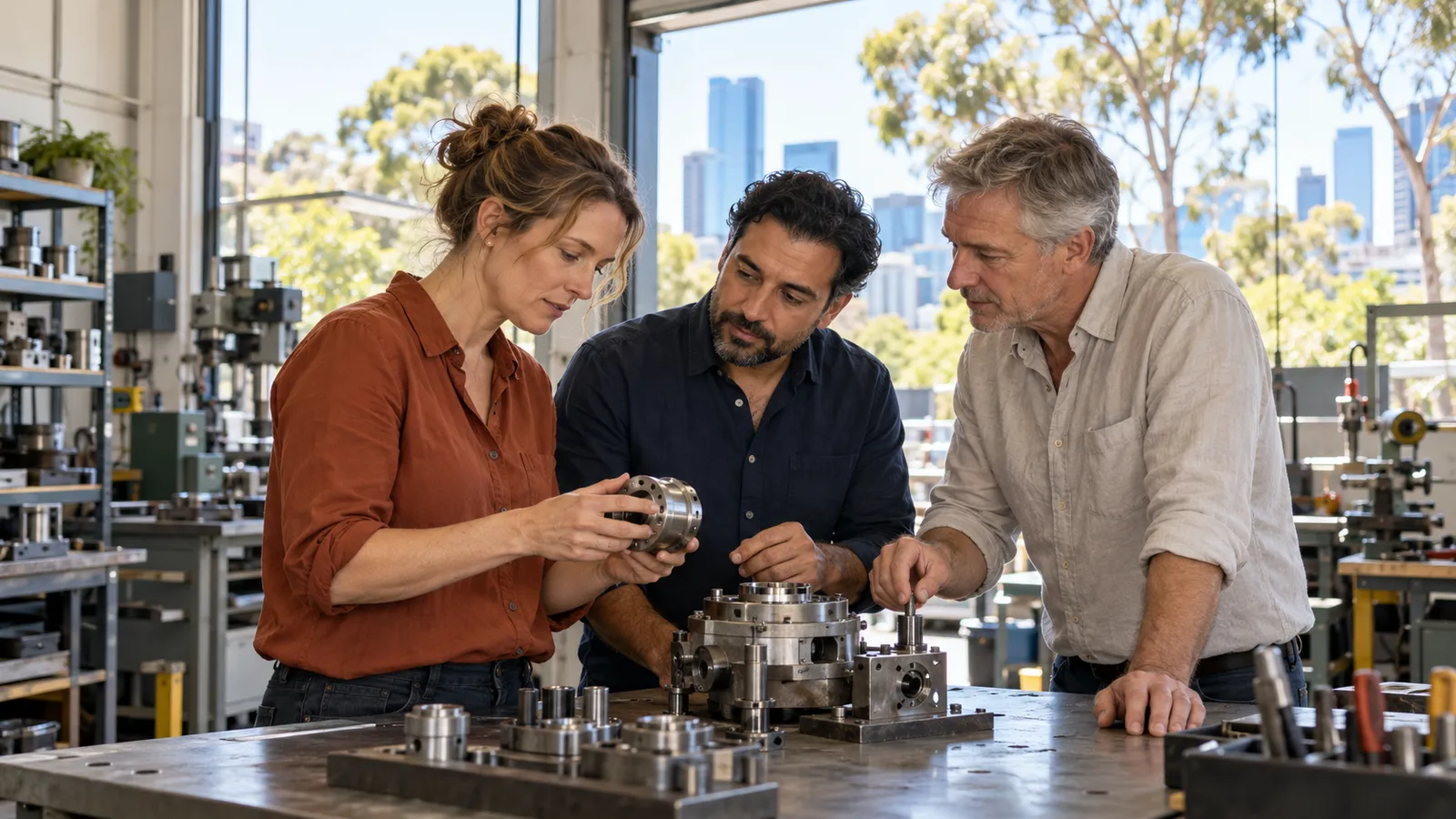 Eine Frau und zwei Männer prüfen gemeinsam ein Metallbauteil in einer hellen Werkstatt mit Blick auf eine australische Stadt.