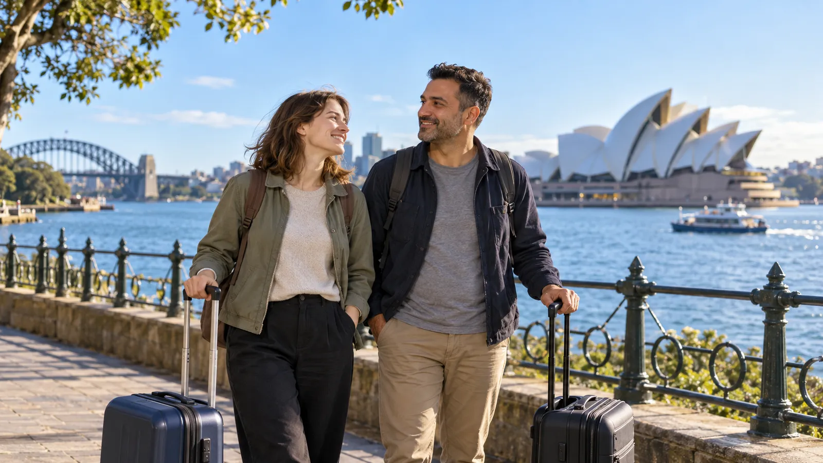 Eine Frau und ein Mann stehen mit Rollkoffern am Hafen von Sydney, mit Opernhaus und Harbour Bridge im Hintergrund.