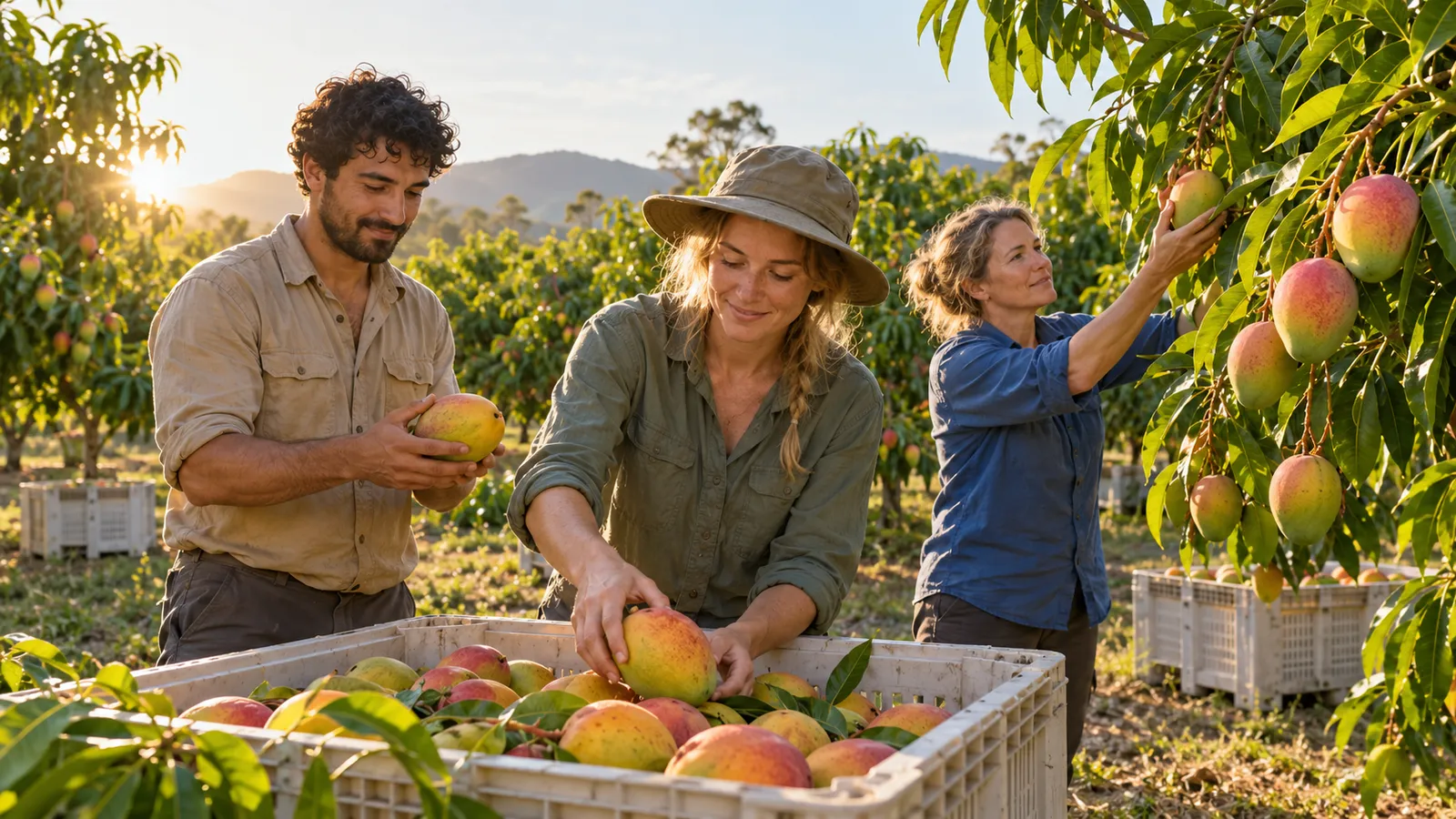 Drei Erntehelfer pflücken Mangos auf einer australischen Plantage und sammeln sie im warmen Morgenlicht in Kisten.