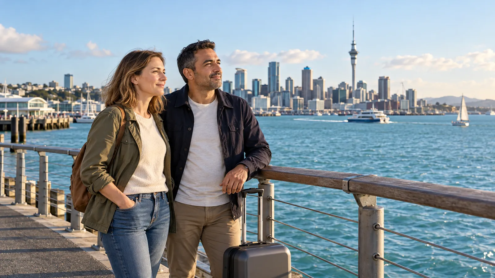 Ein Paar mit Koffer steht an Aucklands Uferpromenade, im Hintergrund der Hafen und die Skyline mit dem Sky Tower.