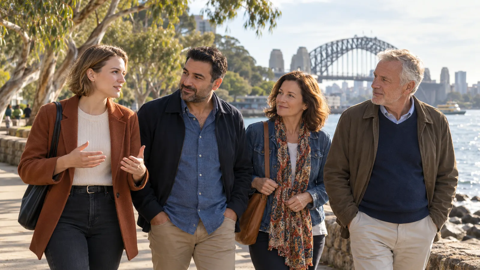 Vier Erwachsene verschiedener Generationen unterhalten sich am Hafen von Sydney mit der Harbour Bridge im Hintergrund.