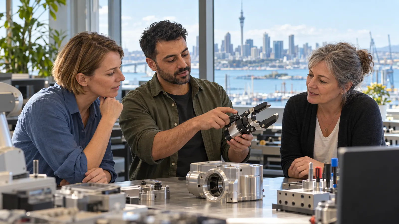 Drei Fachkräfte begutachten einen Robotergreifer in einer hellen Werkstatt mit Blick auf Aucklands Skyline.