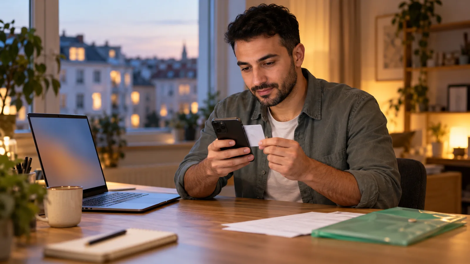 Ein Mann hält zu Hause Smartphone und Ausweiskarte für eine Online-Identitätsprüfung neben einem offenen Laptop.