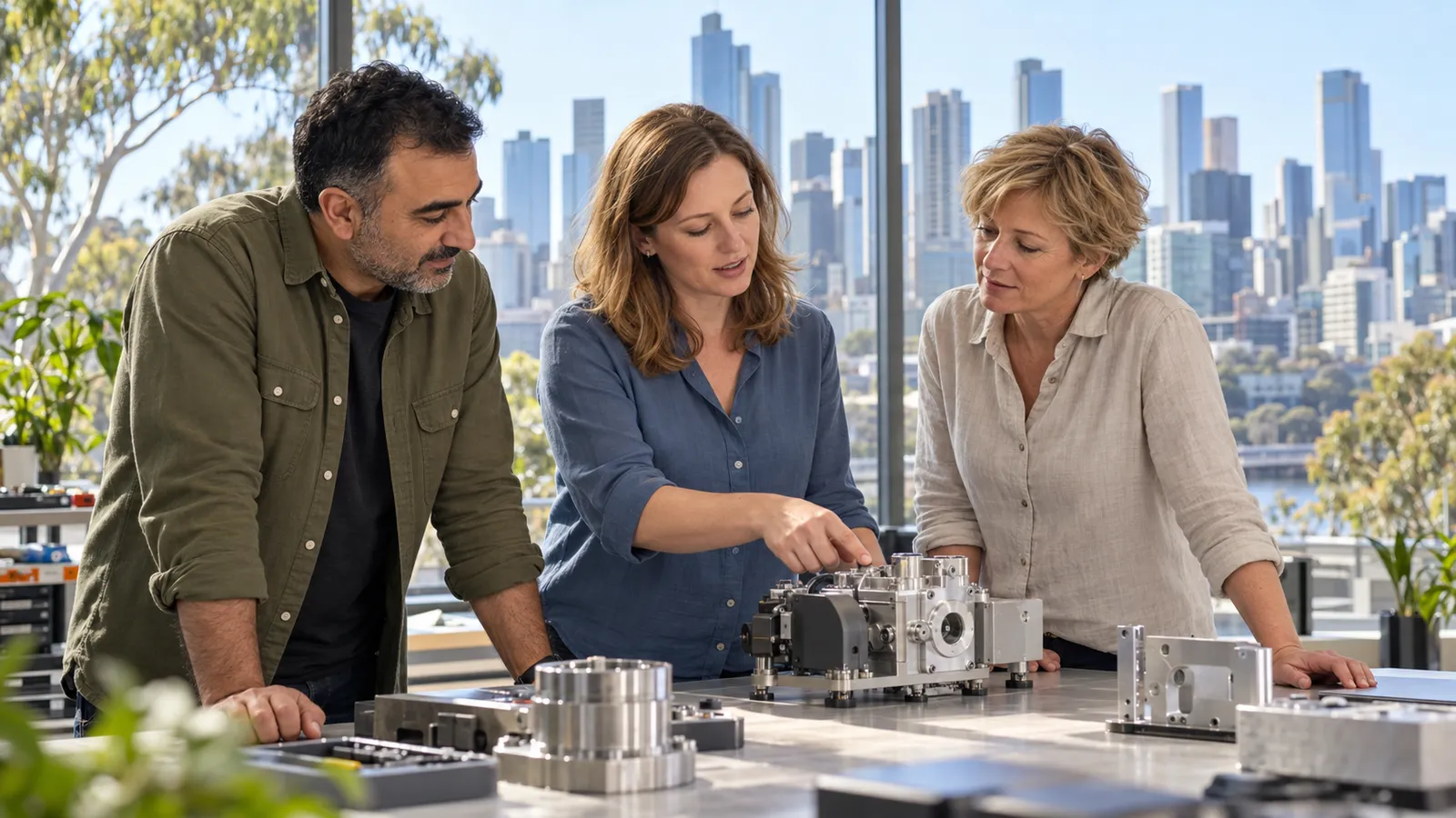 Drei Fachkräfte besprechen ein mechanisches Bauteil in einer hellen Werkstatt mit Blick auf eine australische Skyline.