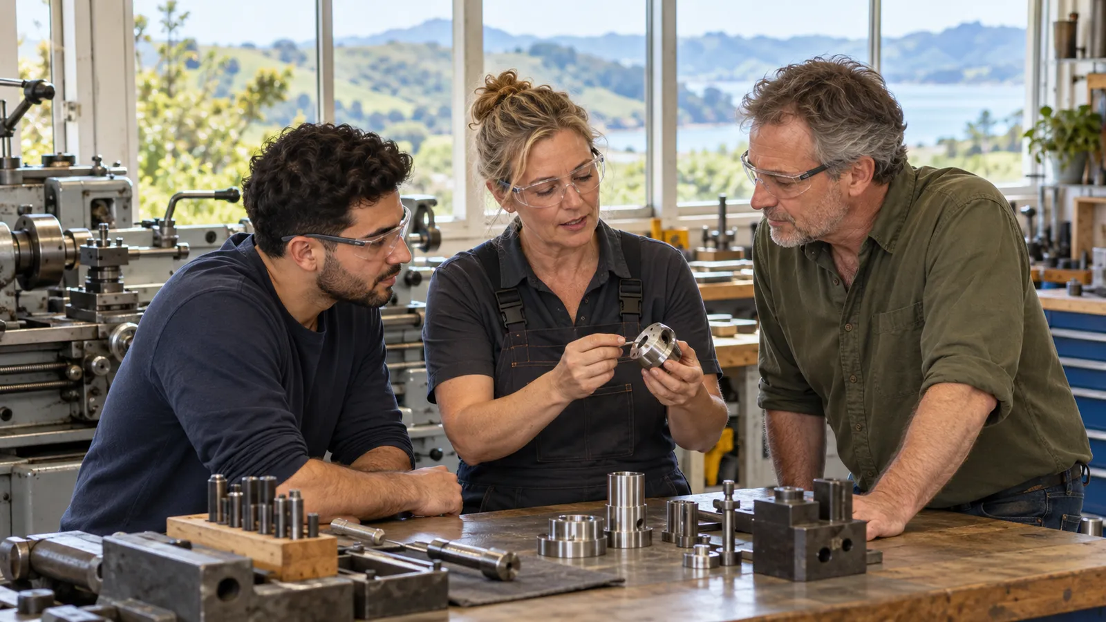 Eine Technikerin erklärt zwei Kollegen ein Metallbauteil in einer hellen Werkstatt mit Blick auf grüne Hügel.