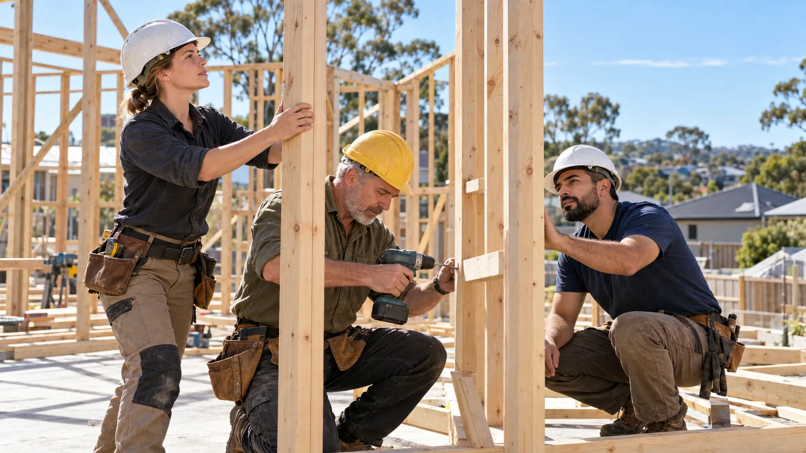 Eine Handwerkerin und zwei Handwerker montieren bei Sonnenschein das Holzständerwerk eines neuen Wohnhauses in Australien.