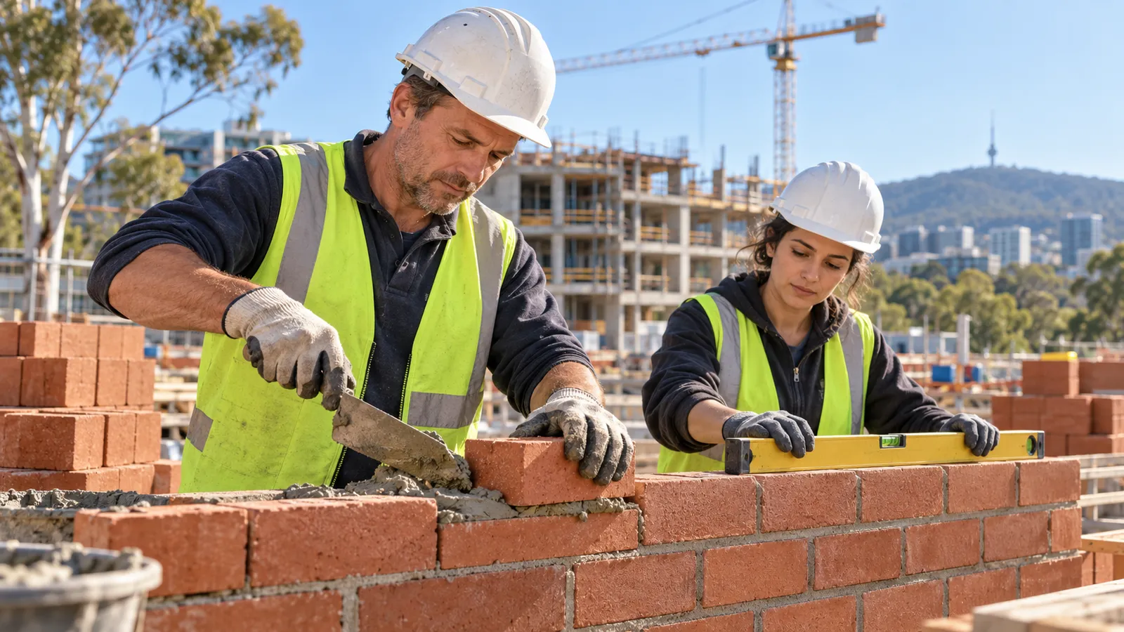 Ein Maurer und eine Maurerin bauen eine Ziegelmauer auf einer Baustelle in Canberra, mit Neubauten und Kran im Hintergrund.