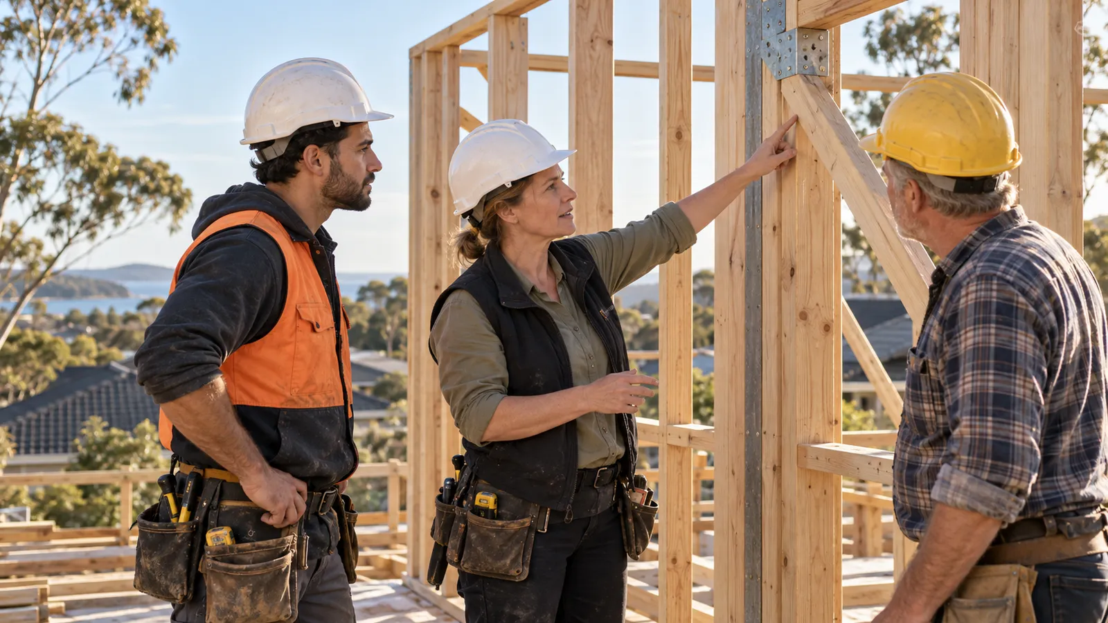 Eine Frau und zwei Männer mit Schutzhelmen besprechen die Holzkonstruktion auf einer australischen Baustelle.