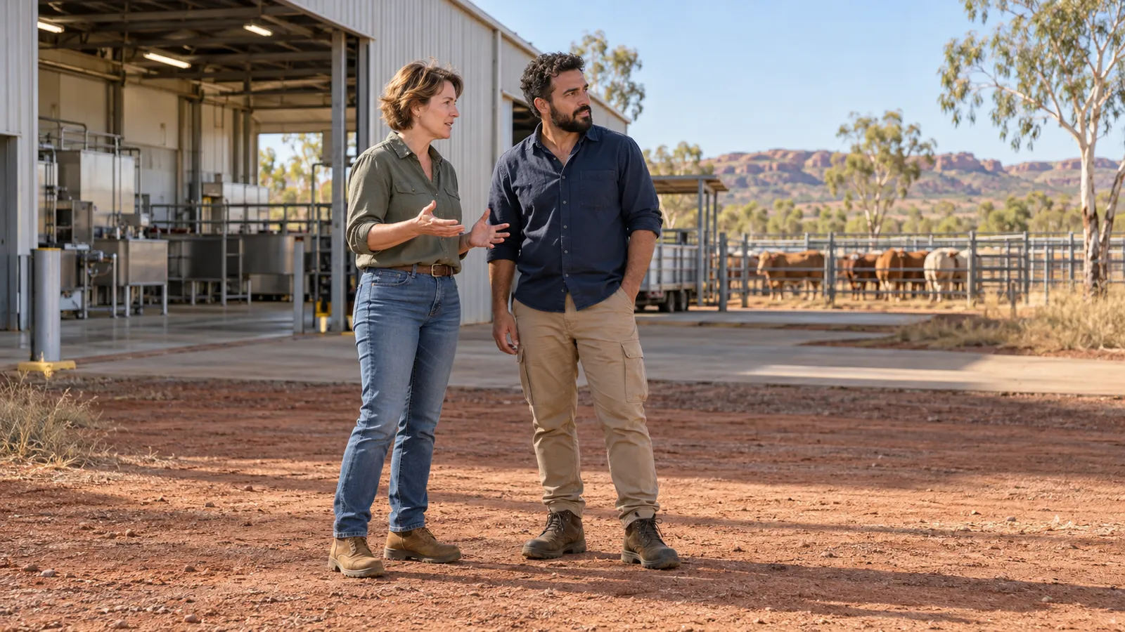 Eine Frau und ein Mann stehen vor einem Fleischverarbeitungsbetrieb in Westaustralien, dahinter Rinder und Eukalyptusbäume.