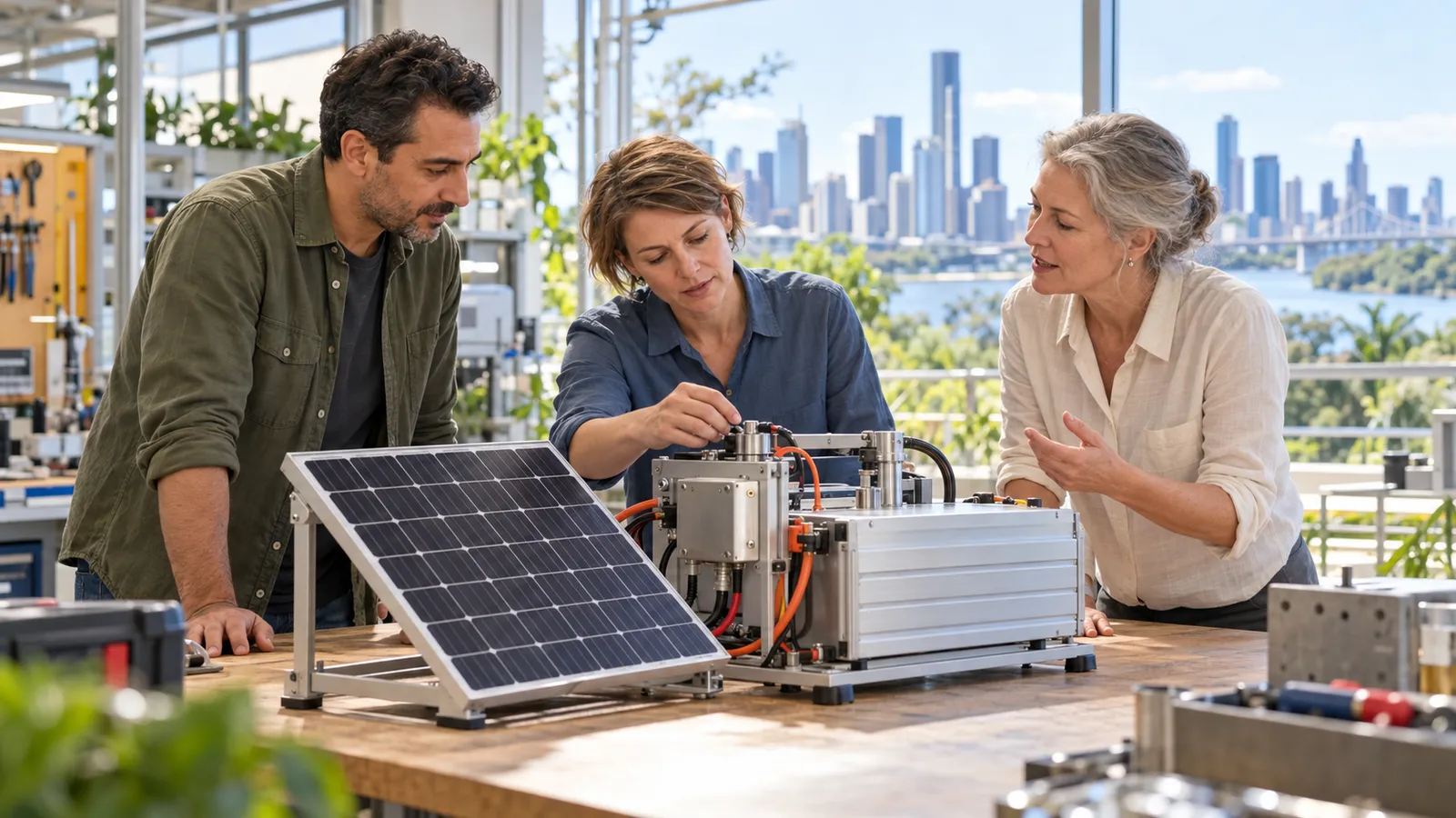 Drei Fachkräfte arbeiten in einer hellen Werkstatt mit Blick auf Brisbane gemeinsam an einem Energieprototyp mit Solarmodul.