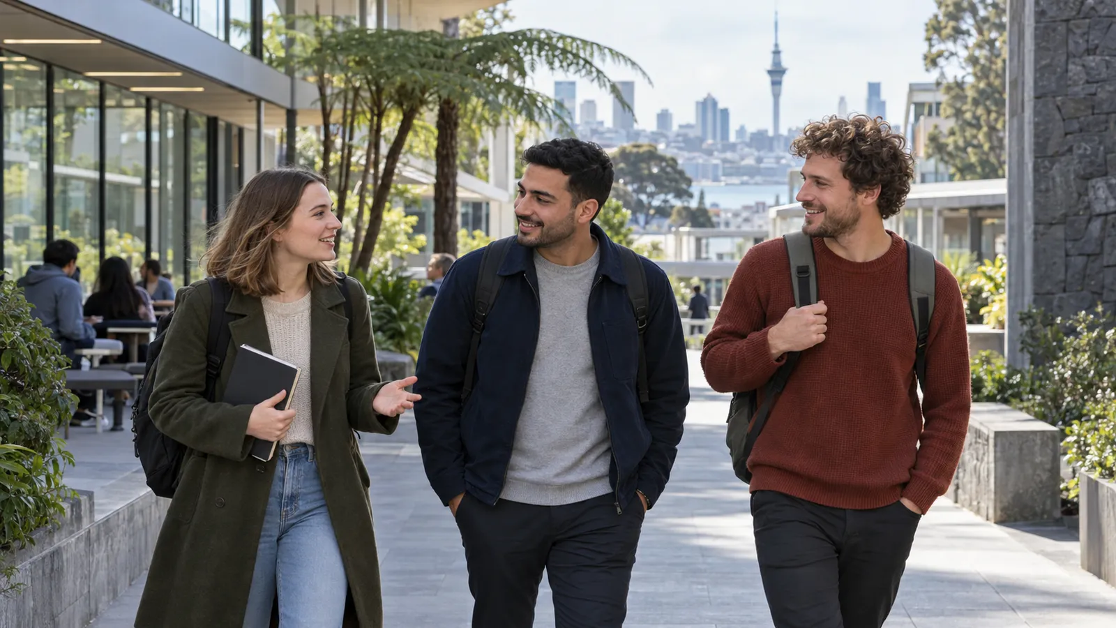 Drei Studierende mit Rucksäcken unterhalten sich auf einem grünen Campus mit Blick auf Aucklands Skyline.