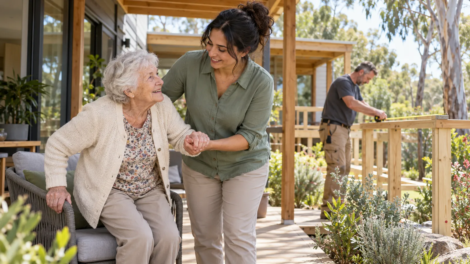 Eine Pflegekraft hilft einer Seniorin auf einer Veranda beim Aufstehen, während im Hintergrund ein Handwerker ein Holzgeländer ausmisst.