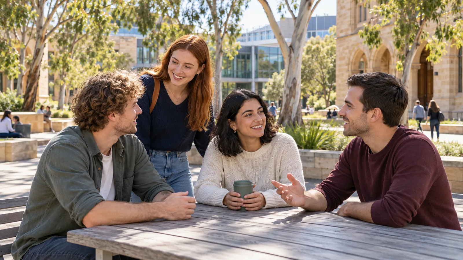 Vier junge Erwachsene unterhalten sich an einem Holztisch auf einem sonnigen australischen Universitätscampus.