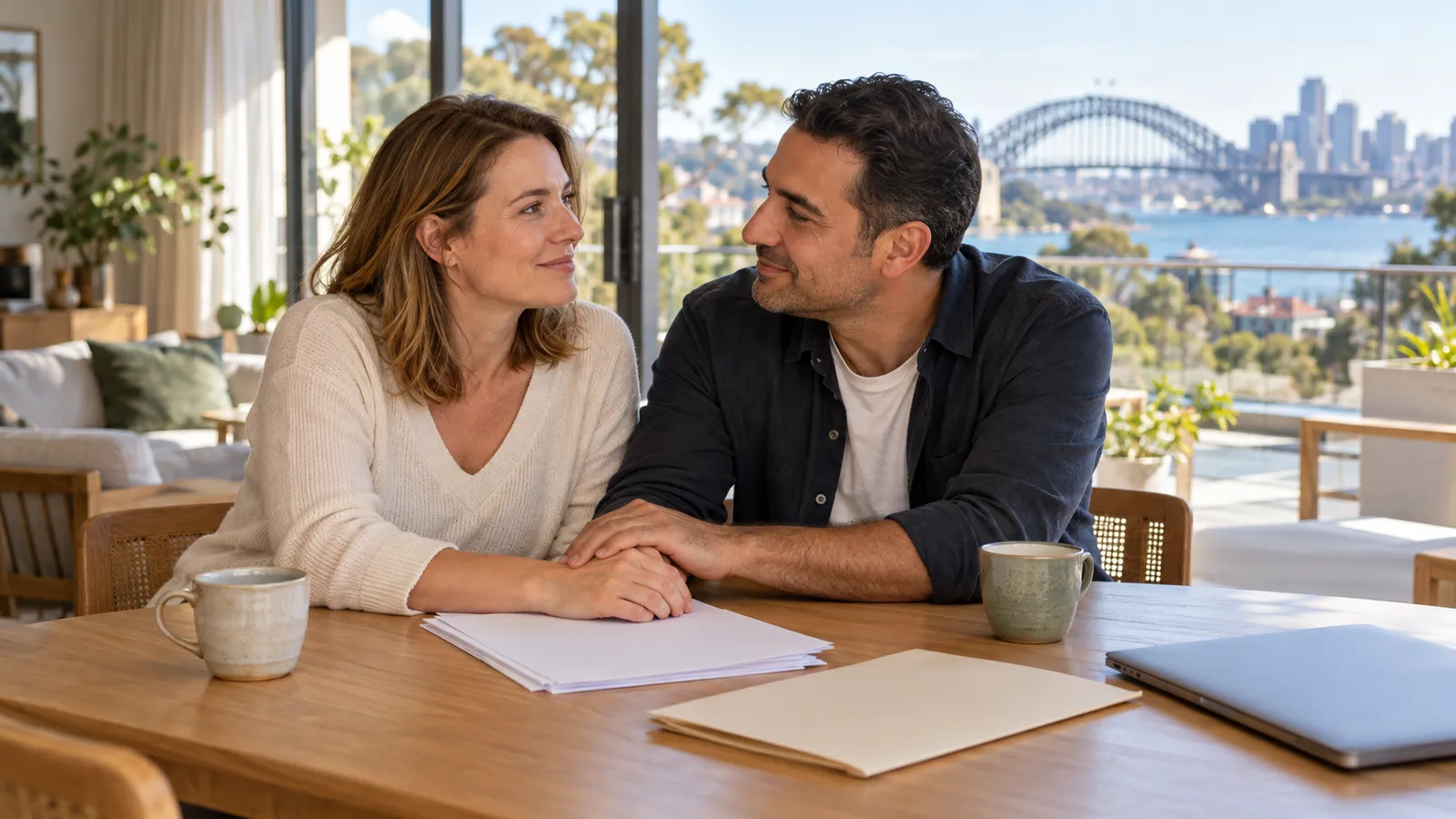 Ein Paar hält am Tisch mit leeren Papieren und geschlossenem Laptop die Hände, im Hintergrund die Sydney Harbour Bridge.
