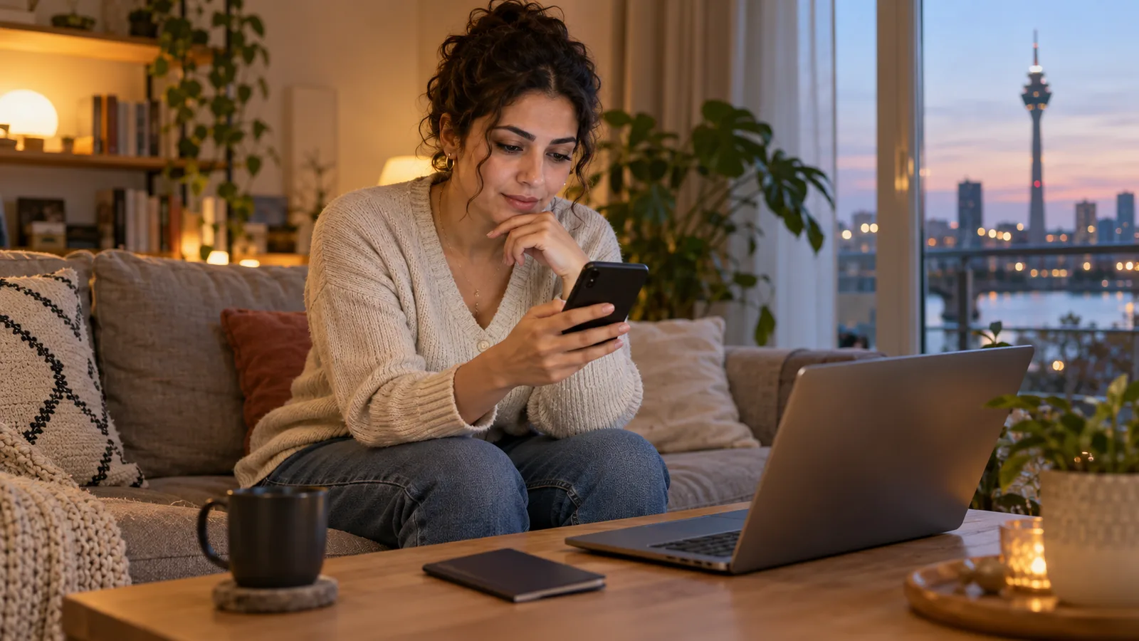 Eine Frau prüft auf dem Sofa ihr Smartphone, mit offenem Laptop und geschlossenem Reisepass auf dem Couchtisch.