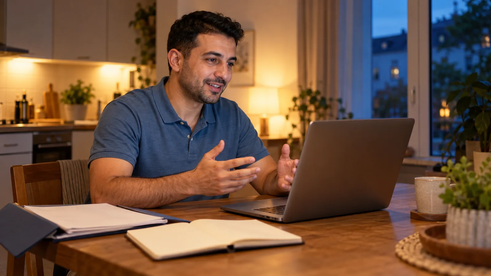 Ein Mann im blauen Poloshirt führt abends am Küchentisch ein Videogespräch am Laptop.