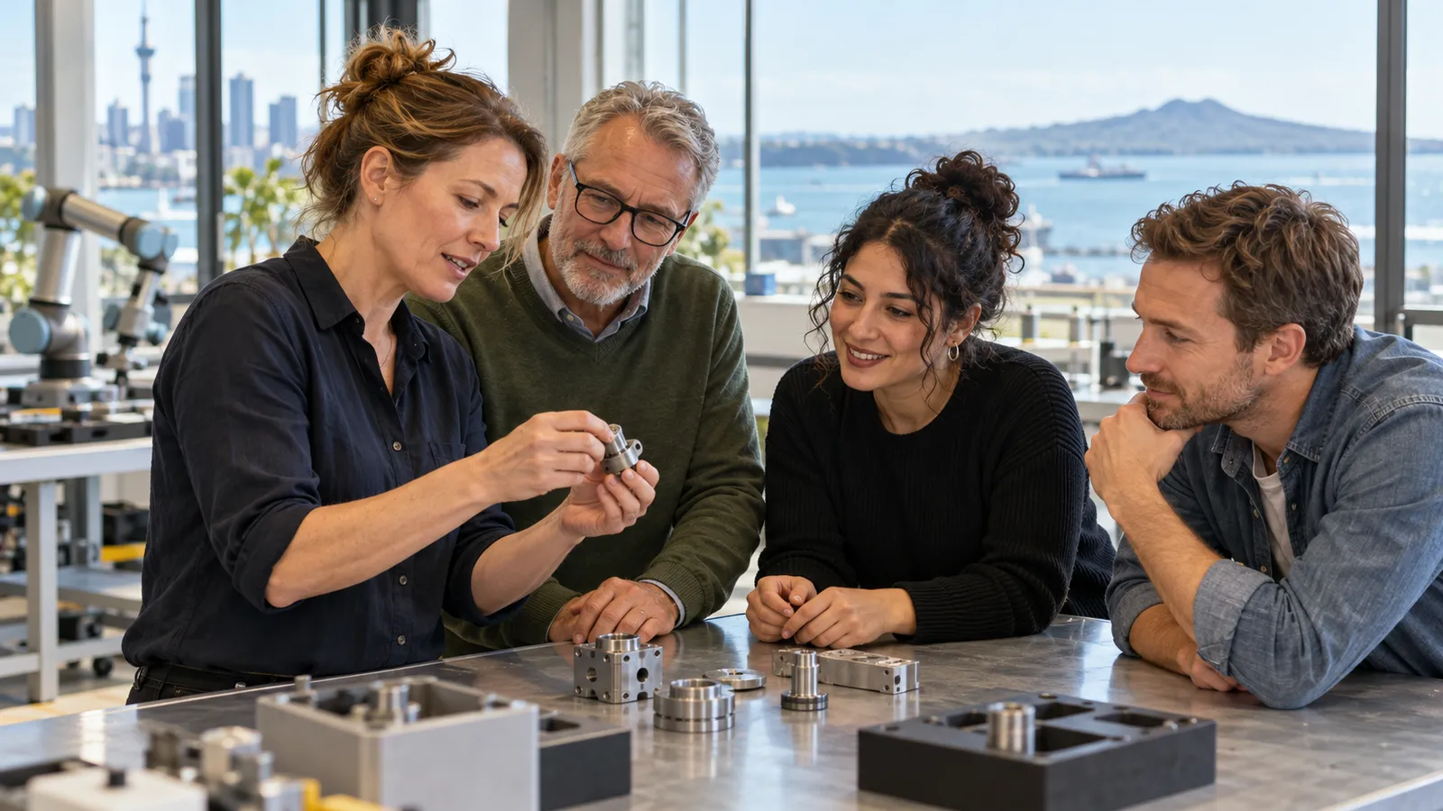 Vier Mitarbeitende betrachten gemeinsam ein Metallbauteil in einer hellen Werkstatt mit Roboterarm und Blick auf Aucklands Hafen.