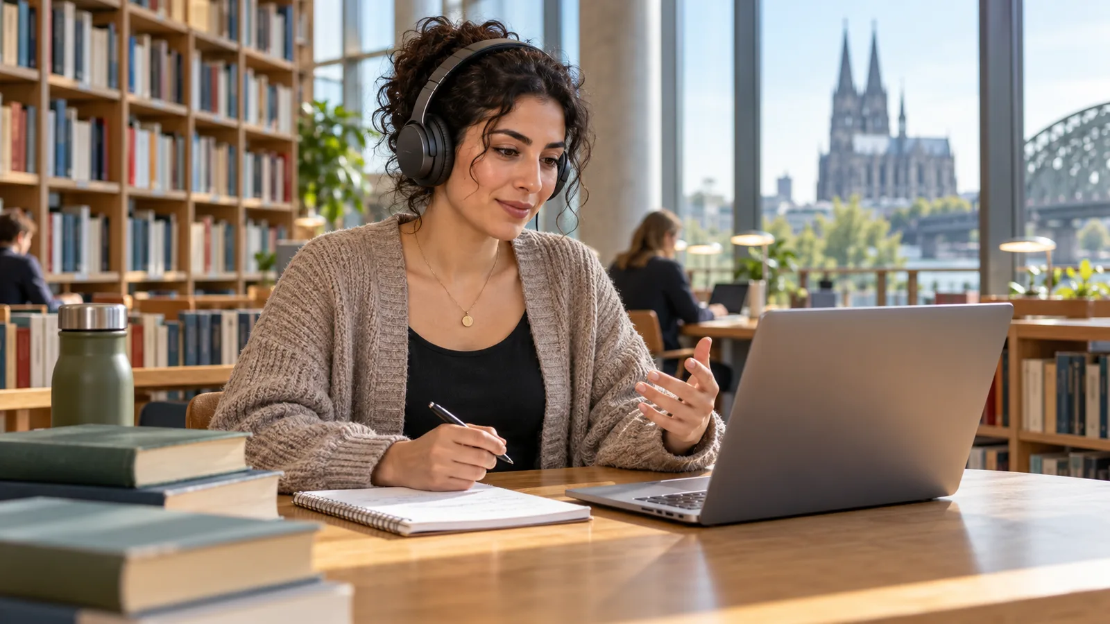 Eine Frau übt mit Kopfhörern am Laptop für einen Englischtest in einer hellen Kölner Bibliothek.