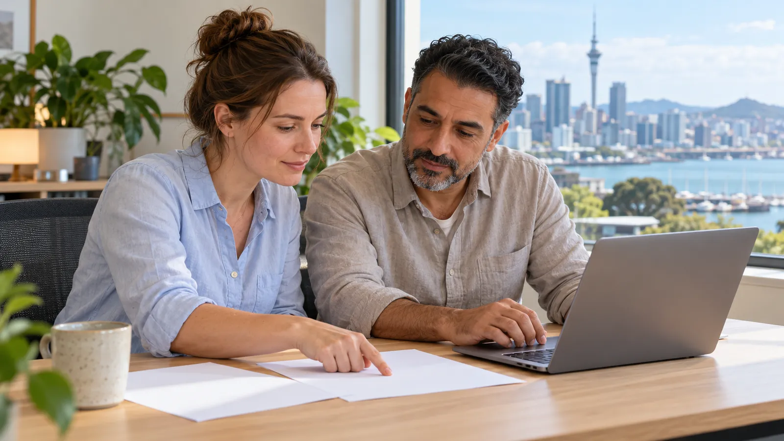 Eine Frau und ein Mann prüfen Unterlagen neben einem Laptop, mit Blick auf die Skyline und den Hafen von Auckland.