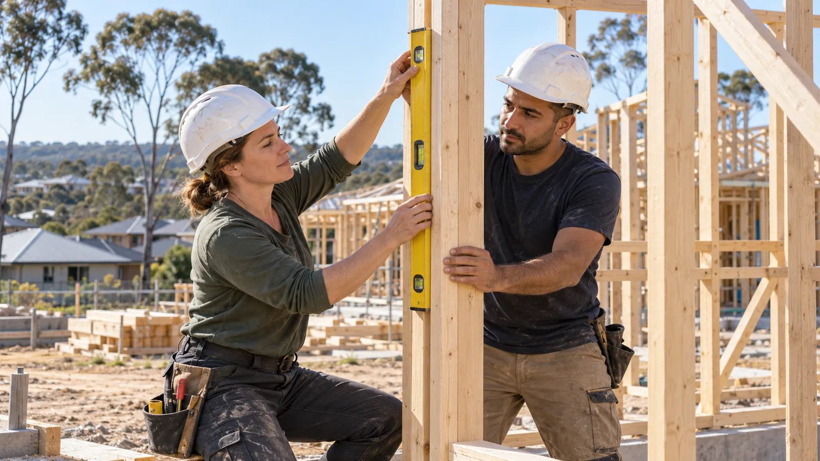 Eine Handwerkerin und ein Handwerker prüfen mit einer Wasserwaage einen Holzrahmen auf einer australischen Baustelle.