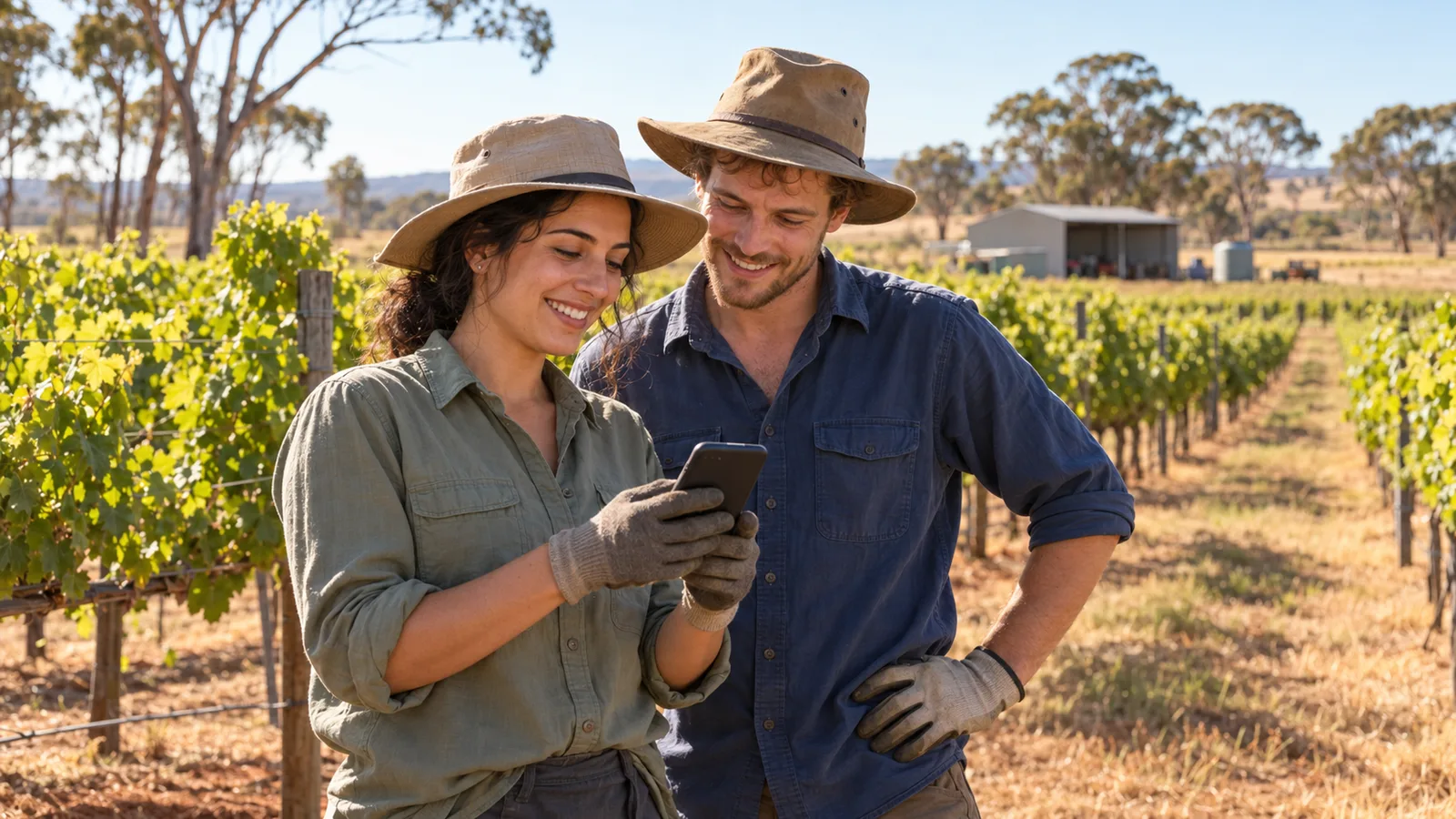 Eine Frau und ein Mann mit Sonnenhüten und Handschuhen schauen auf ein Smartphone in einem australischen Weinberg.