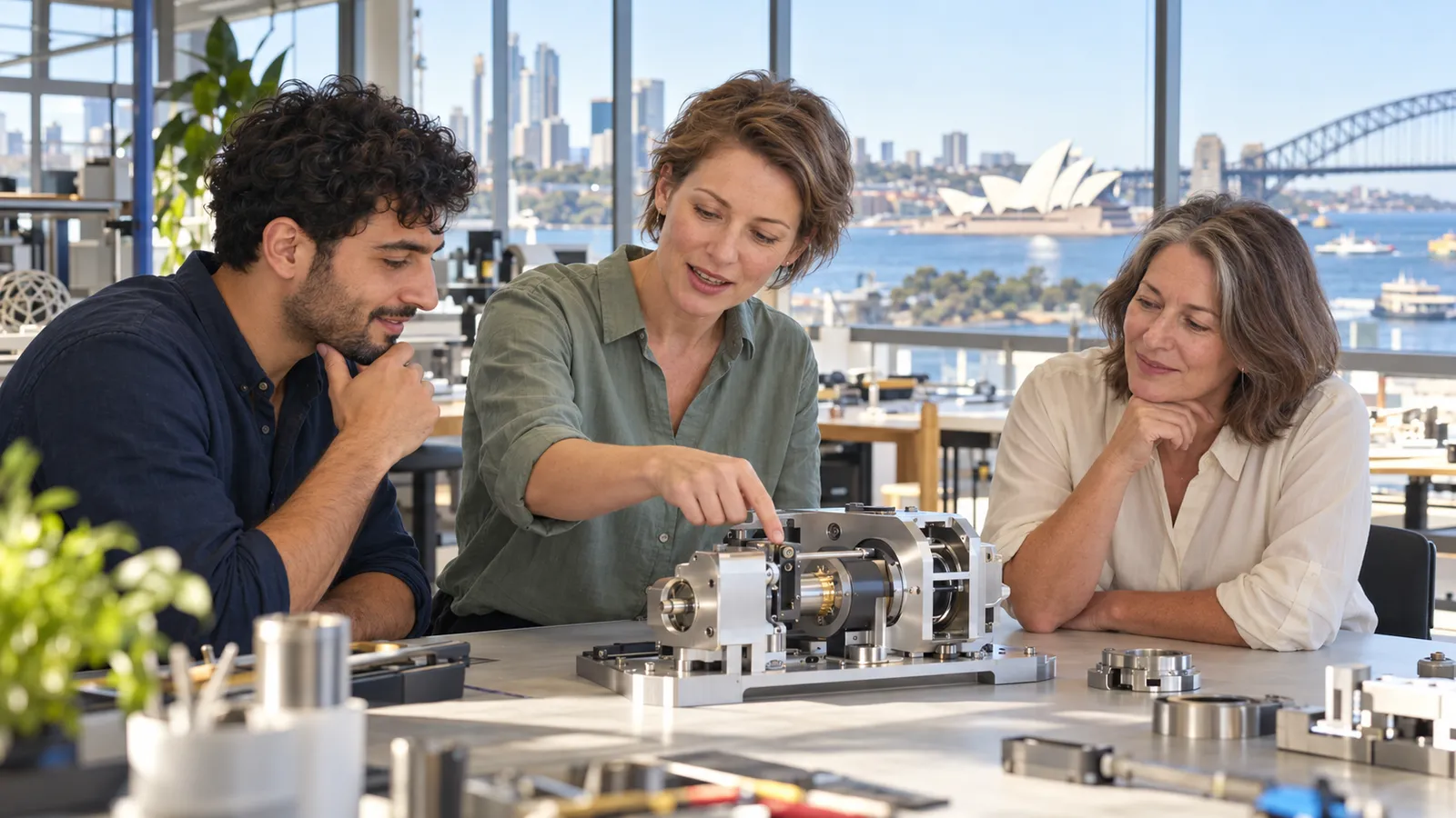 Drei Fachkräfte besprechen einen technischen Prototyp in einer hellen Werkstatt mit Blick auf das Opernhaus von Sydney.