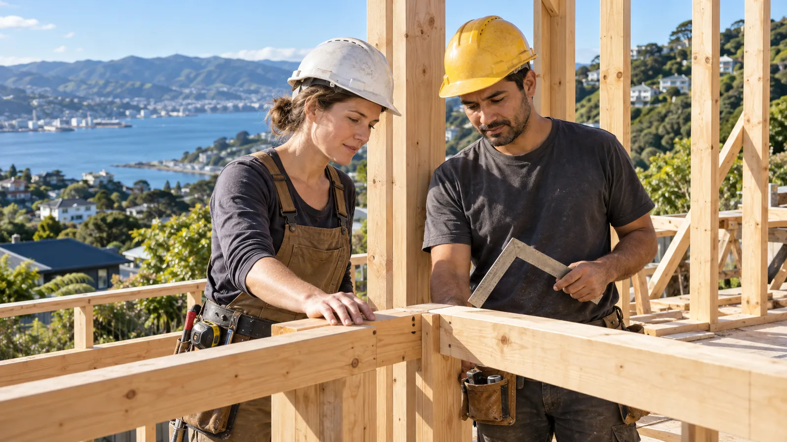 Eine Handwerkerin und ein Handwerker prüfen einen Holzrahmen auf einer Baustelle mit Blick auf Wellingtons Hafen.