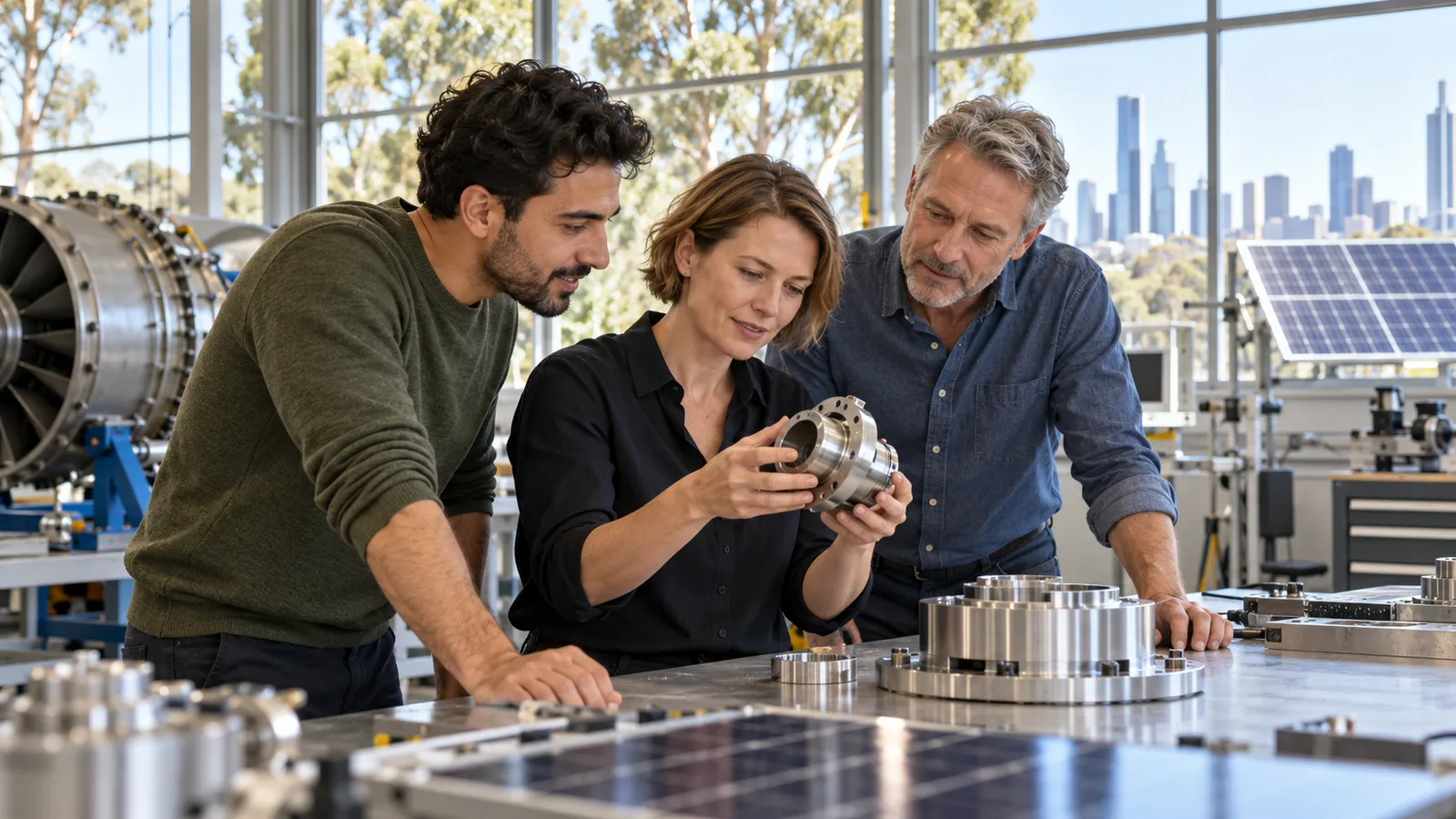 Eine Frau und zwei Männer prüfen gemeinsam ein Metallbauteil in einer hellen Werkstatt mit Blick auf eine australische Skyline.