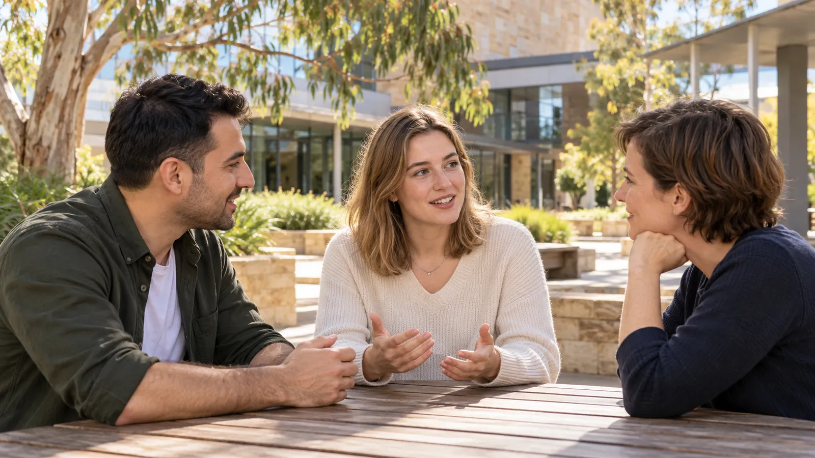 Drei Studierende unterhalten sich an einem Holztisch im sonnigen Innenhof eines australischen Campus.