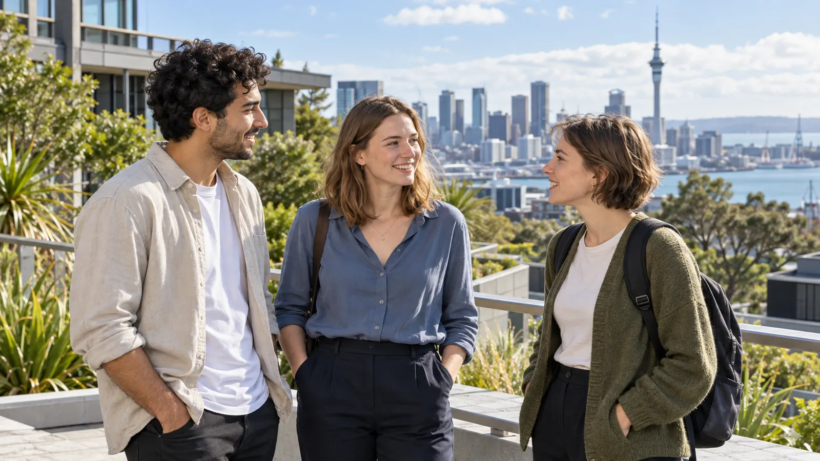 Drei junge Erwachsene unterhalten sich auf einer Campusterrasse mit Blick auf Aucklands Skyline und den Sky Tower.