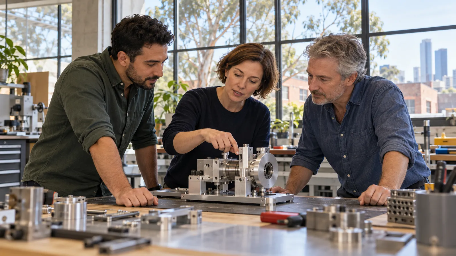 Drei Fachkräfte begutachten gemeinsam einen mechanischen Prototyp in einer lichtdurchfluteten australischen Werkstatt.