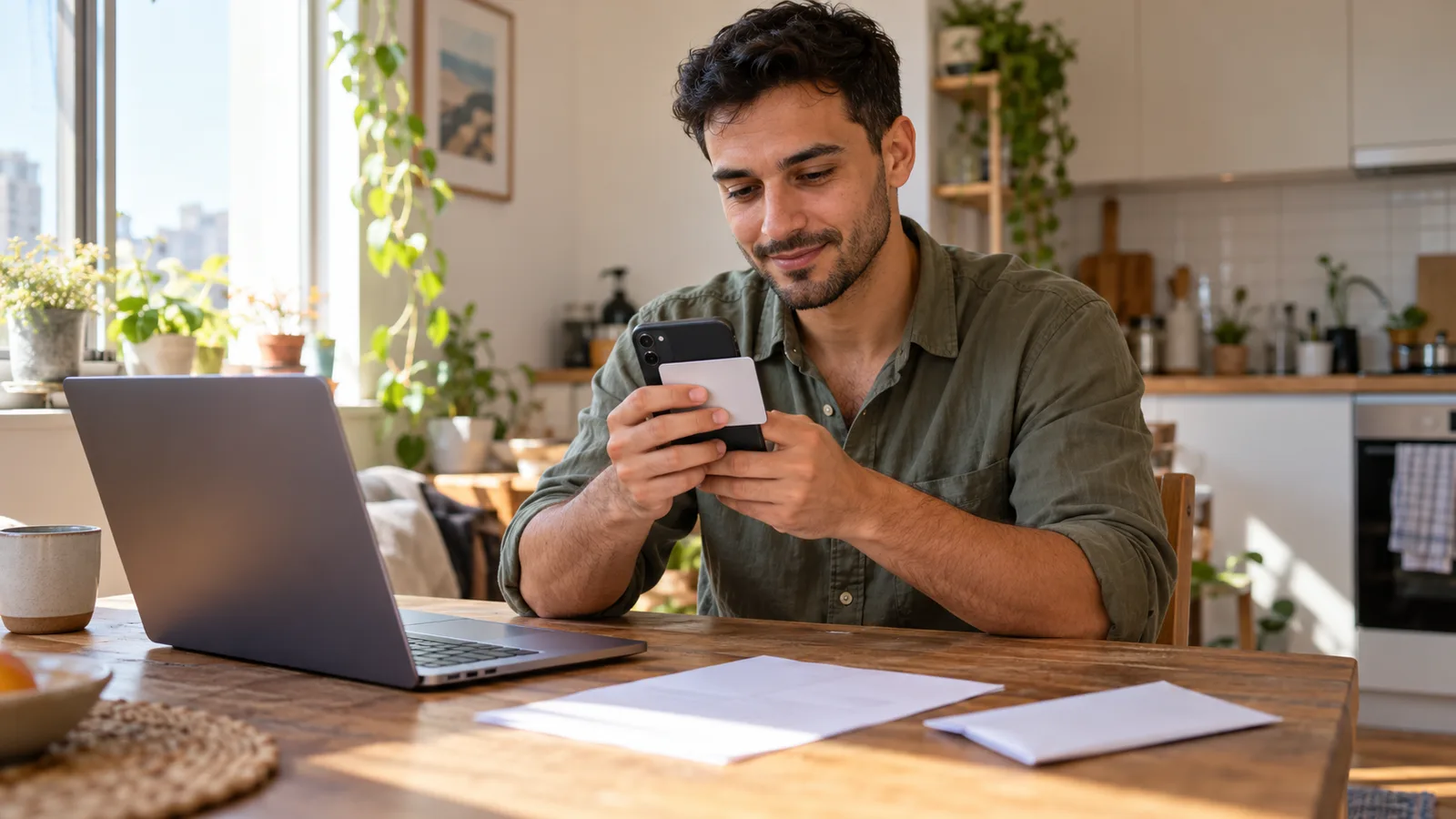 Ein Mann hält am Küchentisch seinen Ausweis an ein Smartphone, neben ihm liegen Laptop, Papiere und ein Umschlag.