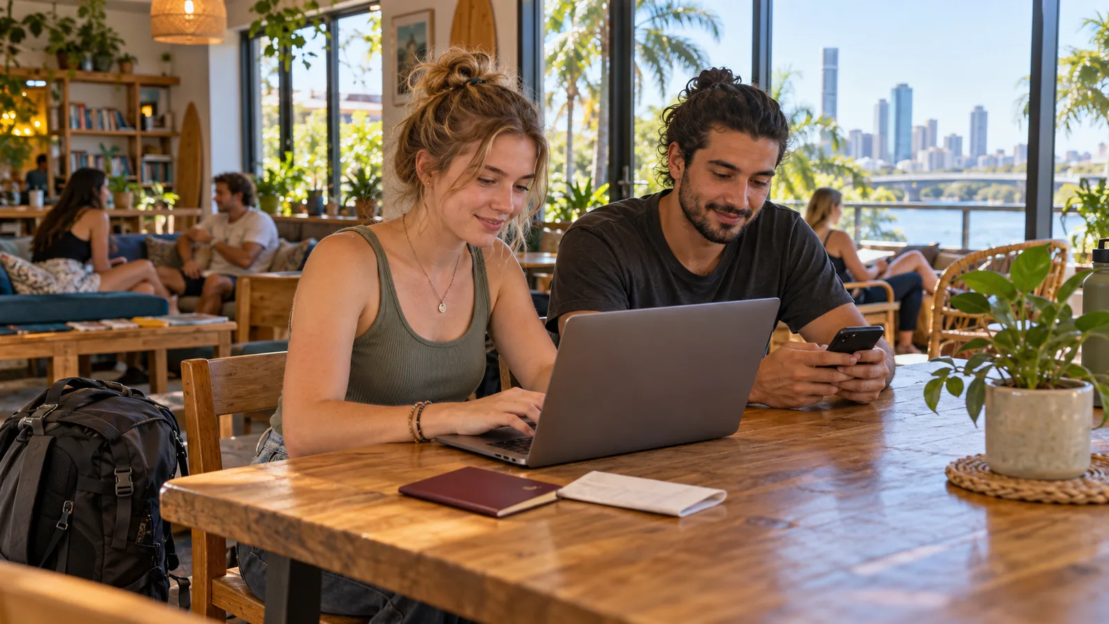 Eine Backpackerin arbeitet im Hostel in Brisbane am Laptop, während ihr Freund neben ihr auf sein Handy schaut.