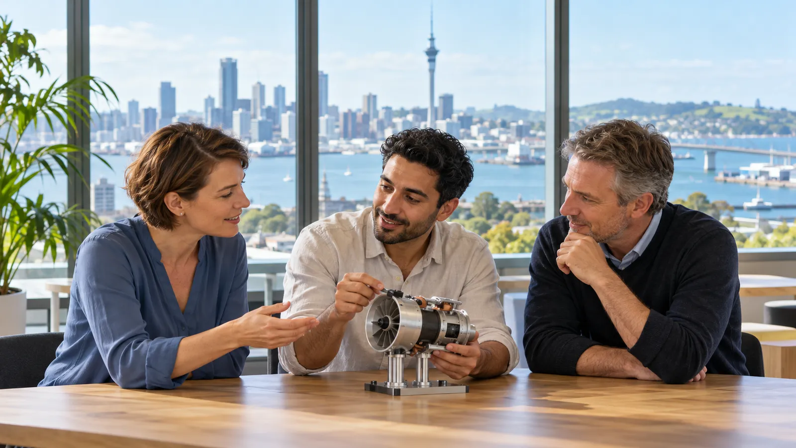Drei Fachkräfte besprechen einen technischen Prototyp in einem hellen Büro mit Blick auf Aucklands Hafen und Sky Tower.