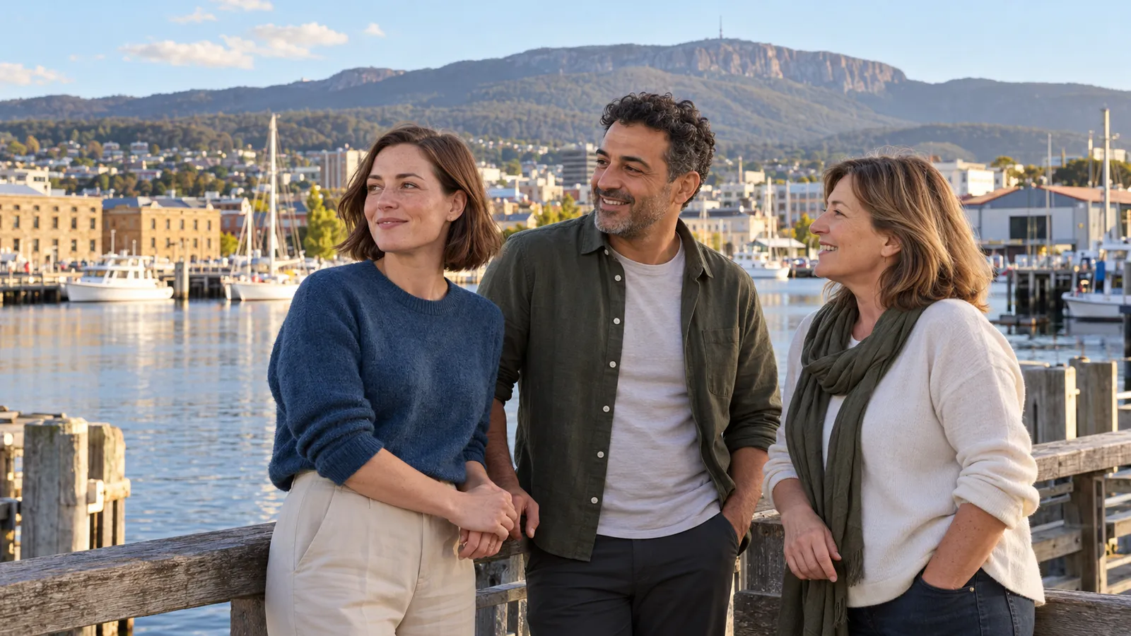 Zwei Frauen und ein Mann stehen entspannt am Hafen von Hobart, mit Segelbooten und dem Mount Wellington im Hintergrund.