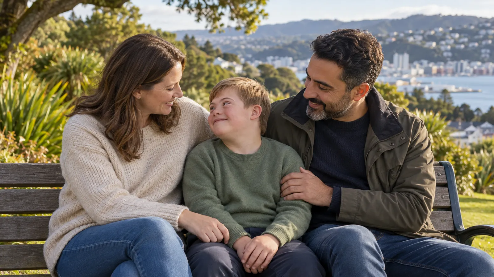 Ein Junge mit Downsyndrom sitzt lächelnd zwischen seinen Eltern auf einer Parkbank mit Blick auf Wellington.